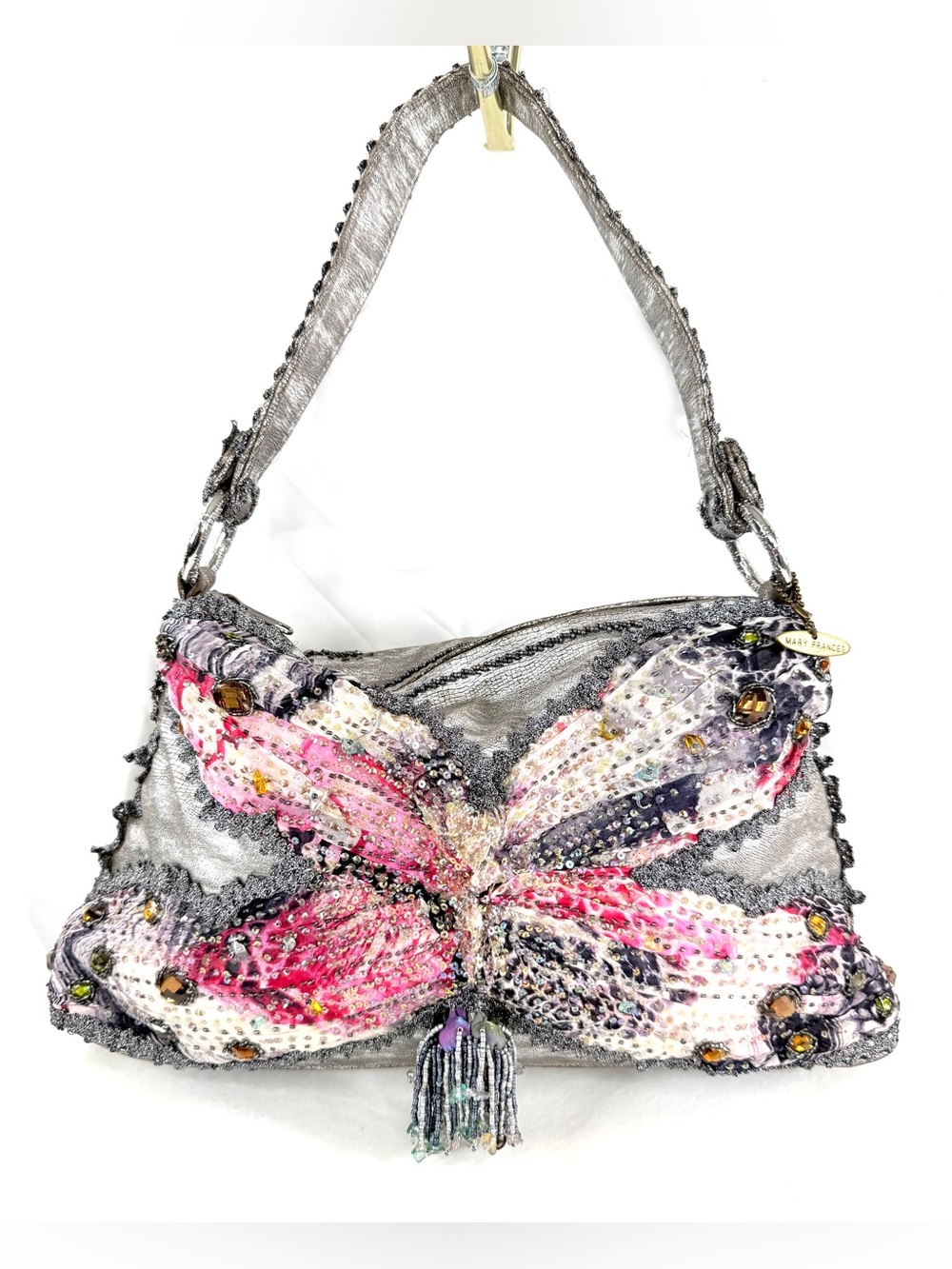 Mary Frances Butterfly Silver Pink Embellished Shoulder Bag Bead Tassel Rare